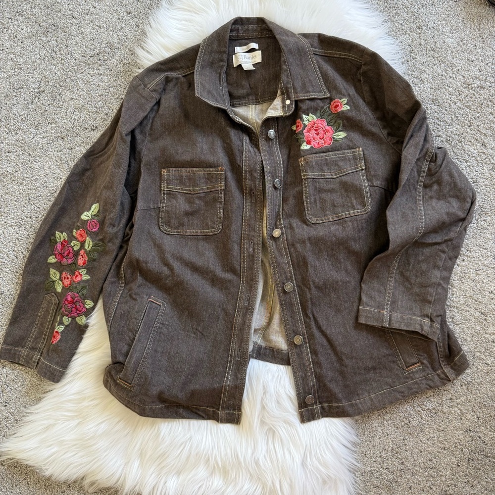 CJ Banks Brown Jean Jacket with Red Floral Embroidery